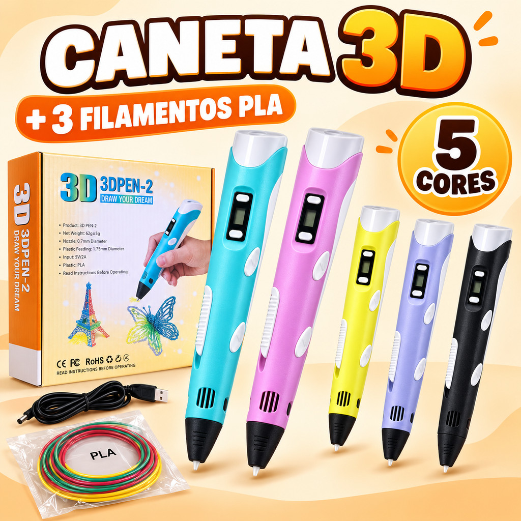 Caneta 3D Infantil com 3 Filamentos PLA 1,75mm para Desenho 3D DIY