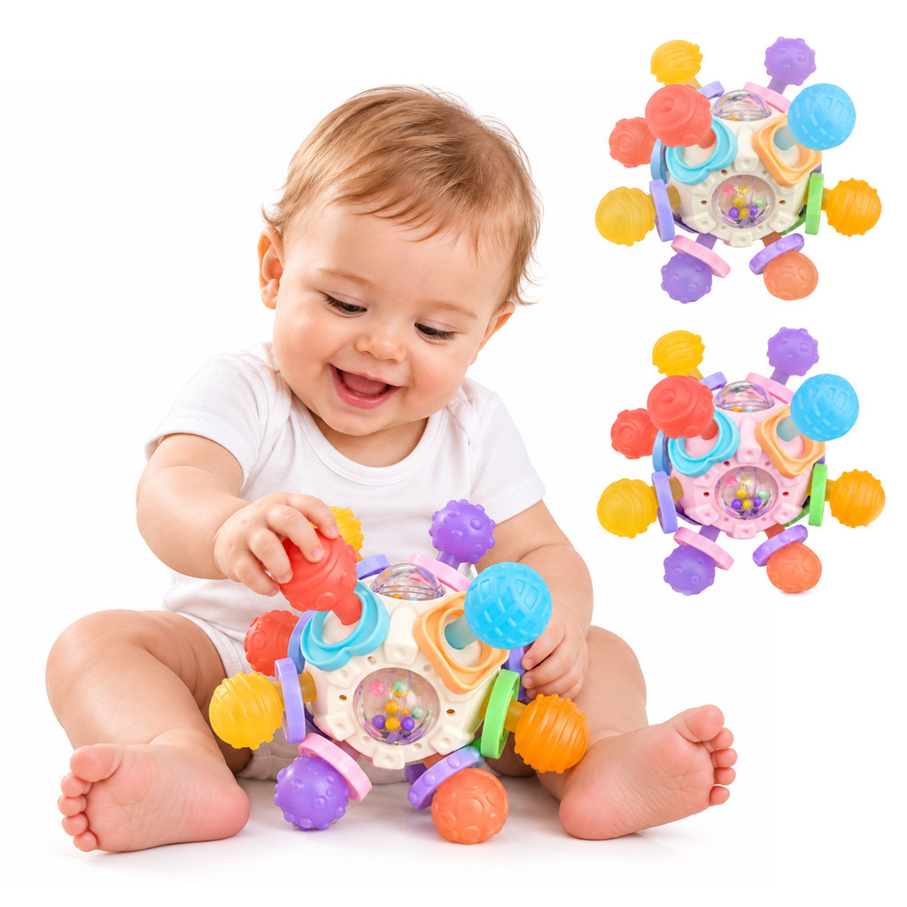 Bola Mordedor Sensorial para Bebê 12 Pontas com Chocalho Silicone Dentição