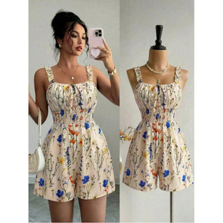 Macacão feminino com estampa Floral e shorts fofos sem mangas com gola quadrada