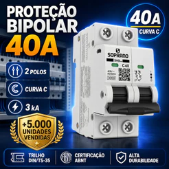 Disjuntor 2 Polos 40A Soprano DIN Curva C Para Proteção de Circuitos Elétricos Residenciais