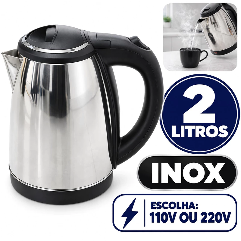 Chaleira Elétrica Inox 2 Litros Jarra Térmica Esquenta Chá Ferve Água Super Rápido 110v ou 220v