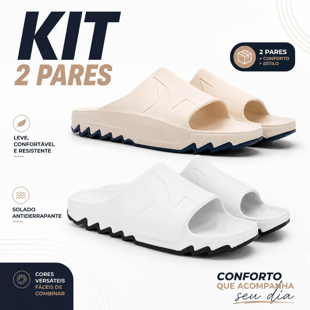 Kit 2 Pares Chinelo Slide Masculino EVA, Nunca Mais Fique sem Chinelo Perfeito Para o Dia a Dia