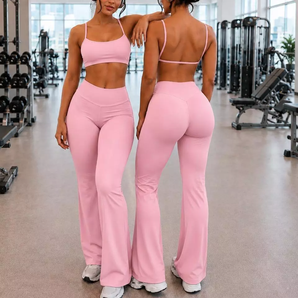 Conjunto de wide leg flare leggin modeladora com top costas nuas de alcinha tecido duplo moda gringa feminina  suplex — imagem 1