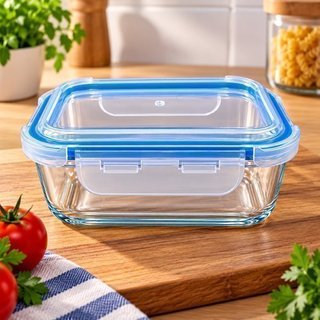 Pote hermético retangular vidro 640ml OLINDA transparente borracha azul 1 unidade