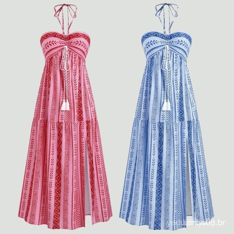Vestido sem mangas para mulher, ideal para férias na praia, vestido longo de alças estilo boêmio IMTI 3FFA JVYC