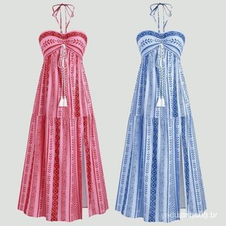 Vestido sem mangas para mulher, ideal para férias na praia, vestido longo de alças estilo boêmio IMTI 3FFA JVYC