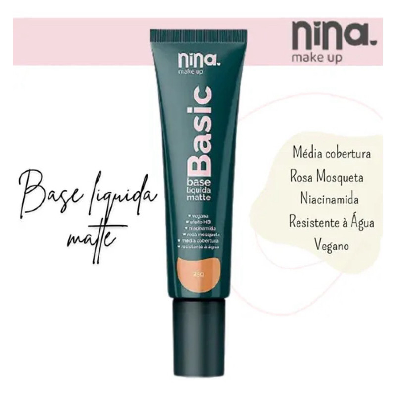 Base Líquida Hyaluronic Matte - Nina Make Up Efeito HD, Vegana, Resistente à Água e com Niacinamida