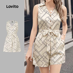 Lovito Macacão Casual com Cinto Estampado Geométrico Primavera/verão Cáqui para mulheres L198ED117