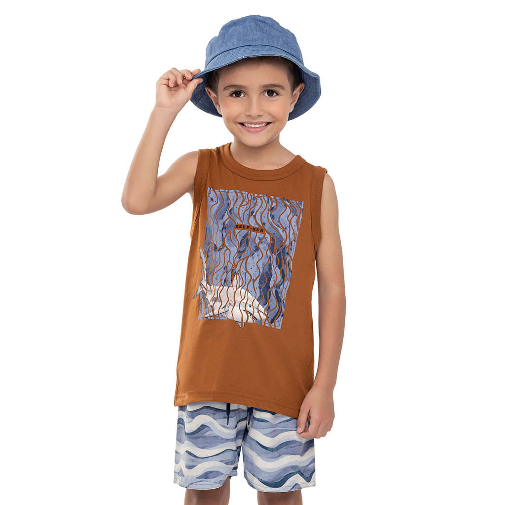 Conjunto Curto Infantil Menino Tubarão Elian Marrom