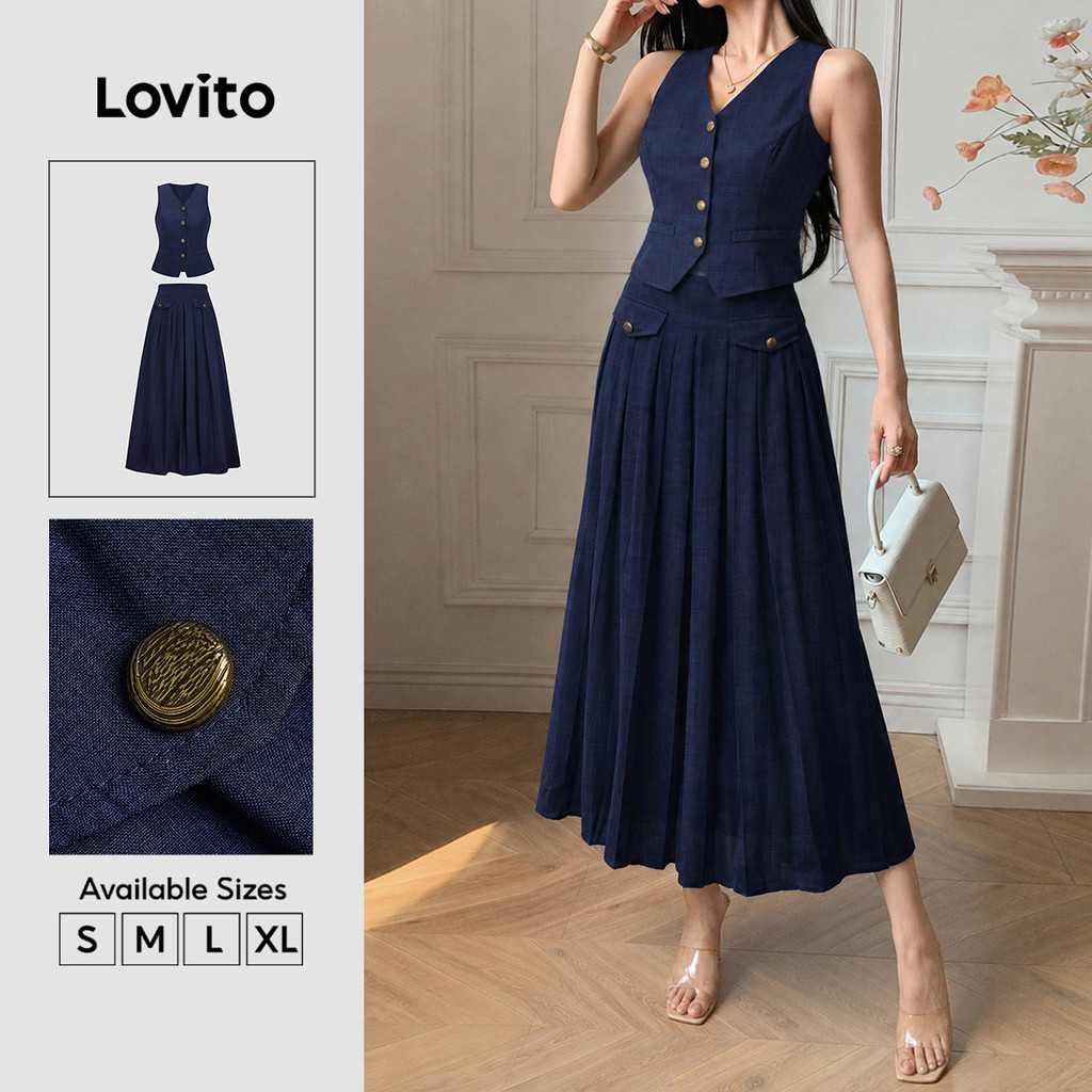 Lovito Tops ou Saias Elegantes com Botões Frontais Franzidos Azulmarinho para Feminino KSK8BR162