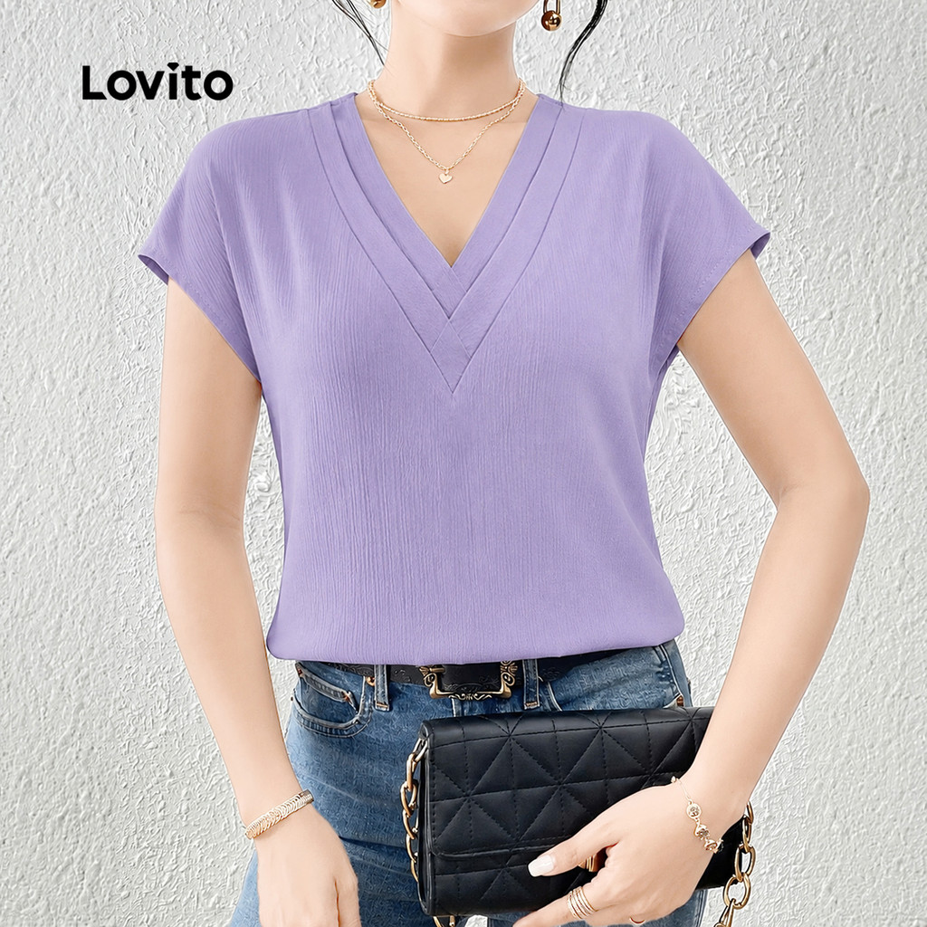 Lovito Blusa Roxa Feminina De Trabalho Primavera/Verão Manga Curta Decote V Colarinho Contrastante Plissada BLB202P2D652 · foto 2
