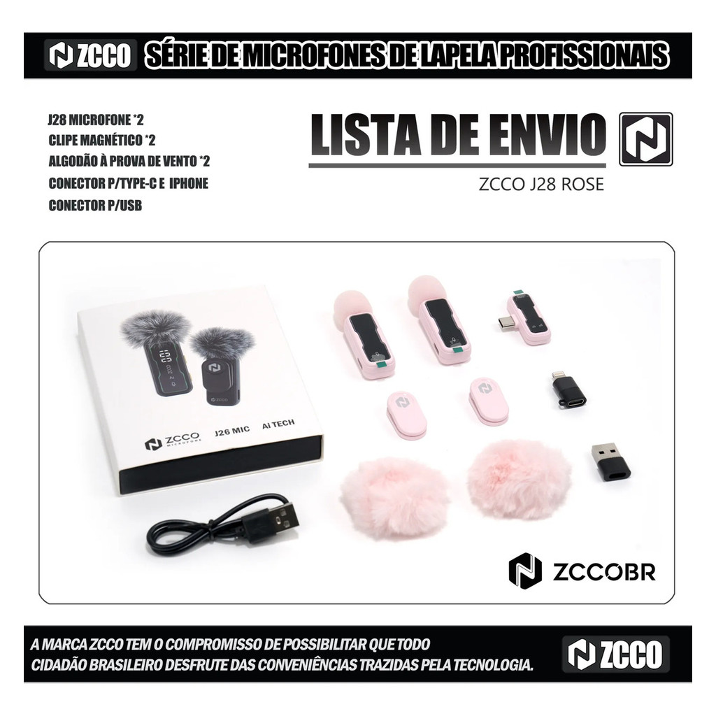 Microfone Lapela Duplo Sem Fio ZCCO J28 Magnético Redução de Ruído para Vlog Live Entrevista iPhone Type-C Lightning