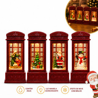 Luminária Natalina Cabine de Telefone com Água Glitter Luz Amarela Papai Noel Árvore Presépio