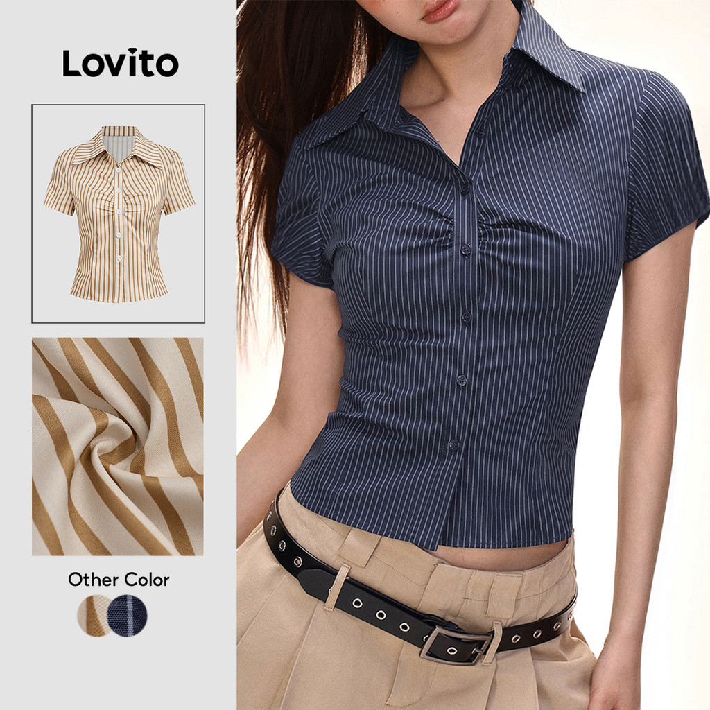 Lovito Elegante Blusa com Botões Clássica E Versátil Franzida Primavera/verão Blusa Azul Escura para Mulheres L154LD165
