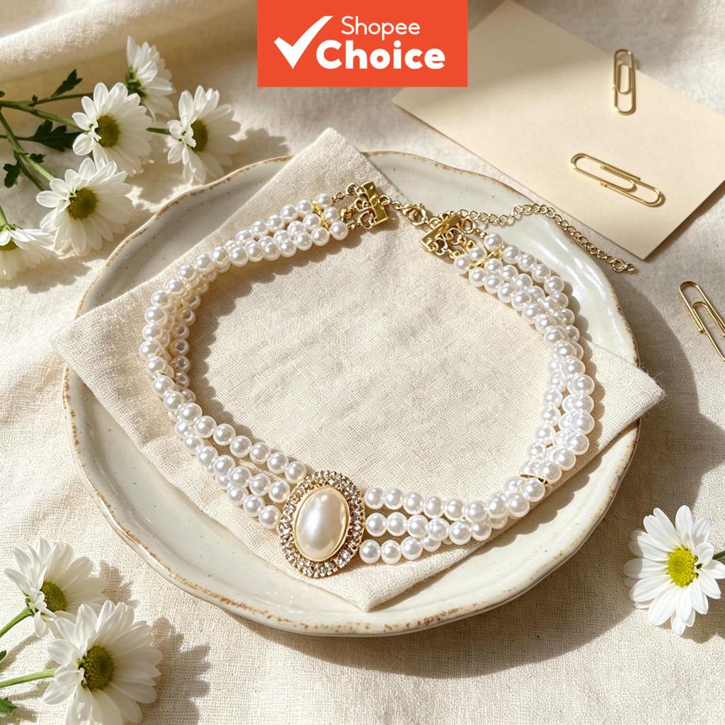 Colar de pérolas francês com três camadas, elegante e minimalista, com pérolas brilhantes e colar de noiva com diamante
