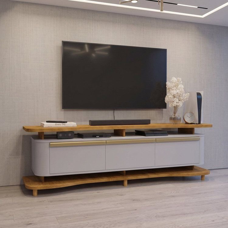 Rack para TV até 75 Polegadas com Pés em Madeira Maciça Guarapari 180cm Móveis Bechara Cinza/Naturalle Naturalle/Off