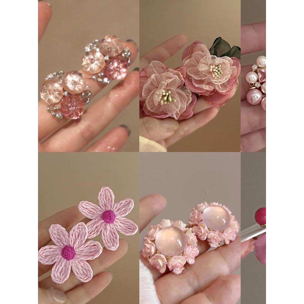Agulha de prata diamante Super fada rosa flor brincos Mori série suave doce brincos temperamento High-End brincos acessó
