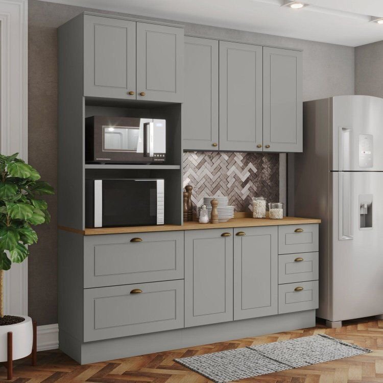 Cozinha Compacta 3 Peças com Torre Quente 100% MDF Cinza/ Nature Americana Nature/ Cinza