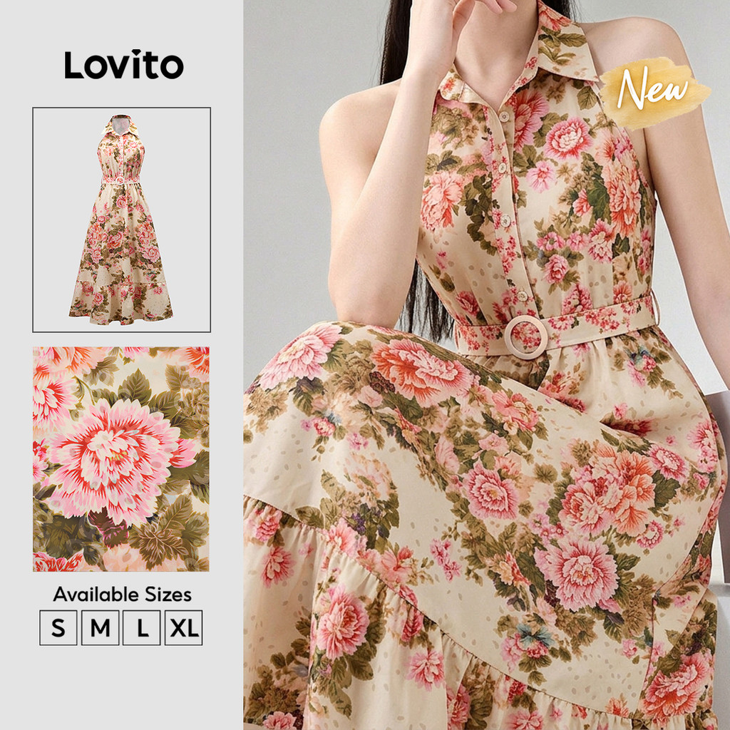 (New Arrival) Lovito Elegant Floral Button Ruffle Hem Maxi Flounce Spring Summer Holiday Weekend Casual Dress for Women DRT39BR223