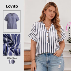 Lovito Casual Blusa Plus Size Curva Listrada Com Botões Blusa Verão/Primavera Feminino LBL19291