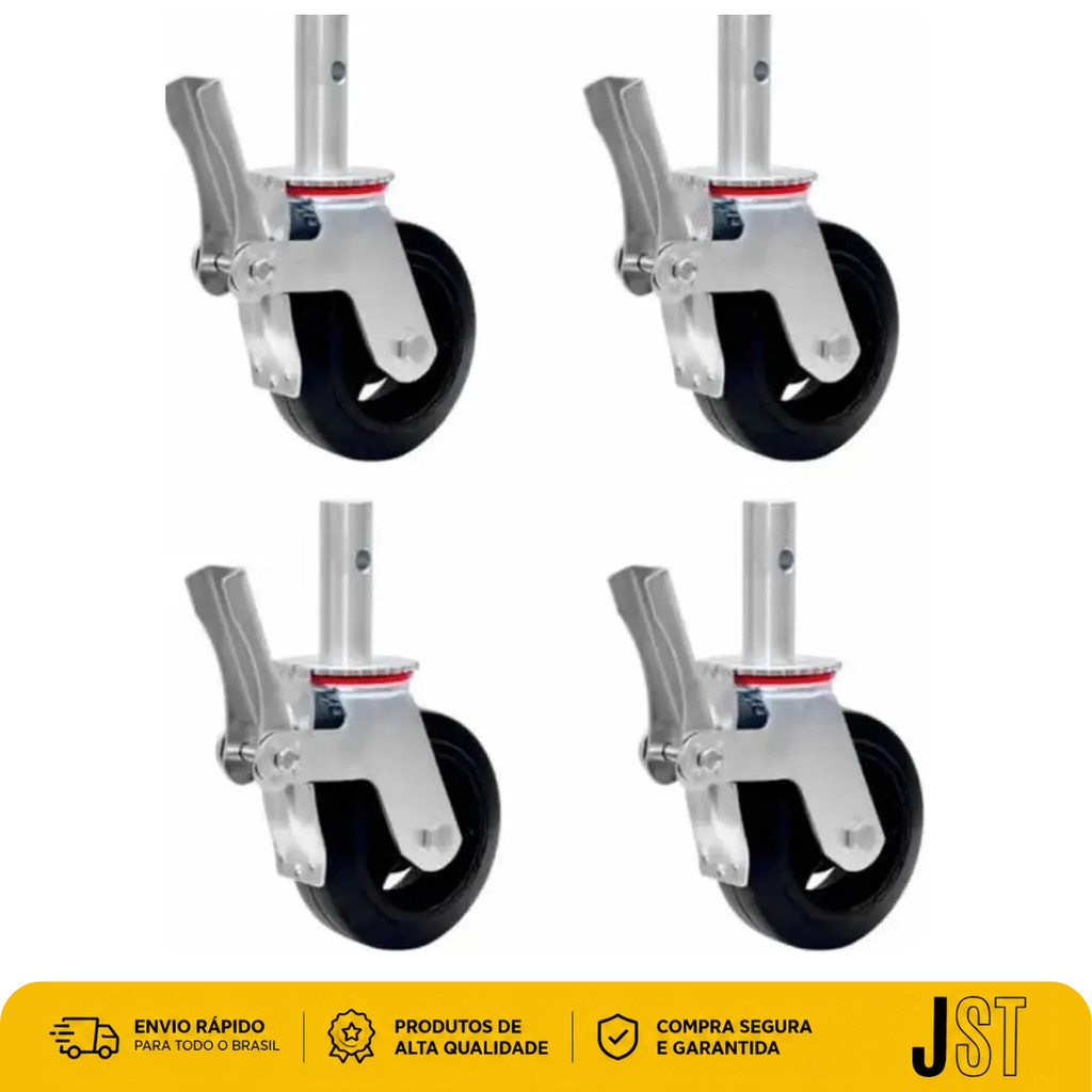 Kit 4 Rodízios Giratórios Com Freio Para Andaime 6x2 1200kg JST Maciço