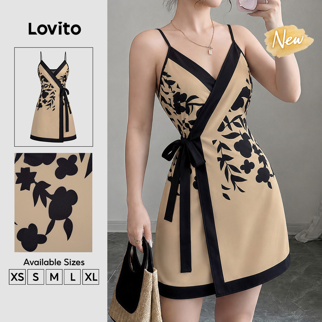 (New Arrival) Lovito Vestido Casual Feminino com Laço e Tule de Renda em Bloco de Cores Primavera/verão cáqui DRK9P1D597