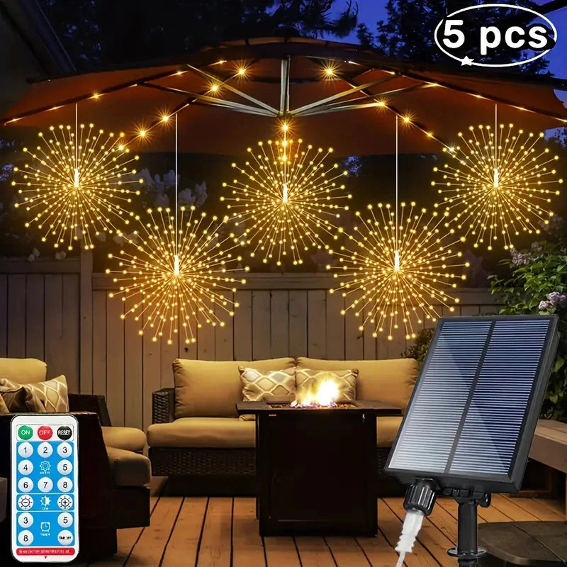 Kit 5 Luzes LED Solares Efeito Fogos de Artifício | 450 LEDs com Controle Remoto | Decoração de Natal e Festas
