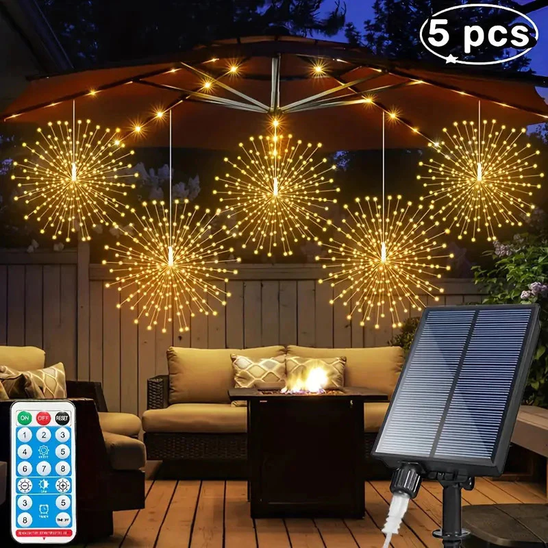 Kit 5 Luzes LED Solares Efeito Fogos de Artifício | 450 LEDs com Controle Remoto | Decoração de Natal e Festas