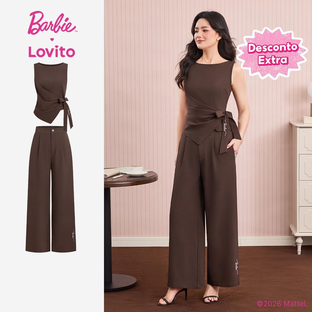 (New Arrival) Barbie™ X Lovito Elegantes Tops Ou Bottons Com Pregas Em Bordado Primavera/verão Calças Marrons Para Mulheres PSBL6PAD021
