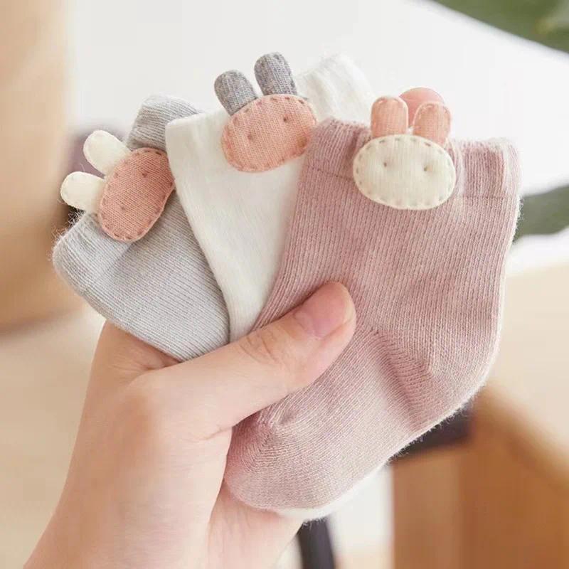 3 Pares Dos Desenhos Animados Coelho Impressão Meias Do Bebê Meninos Meninas Algodão Macio Elástico Meia Cor Sólida Calç