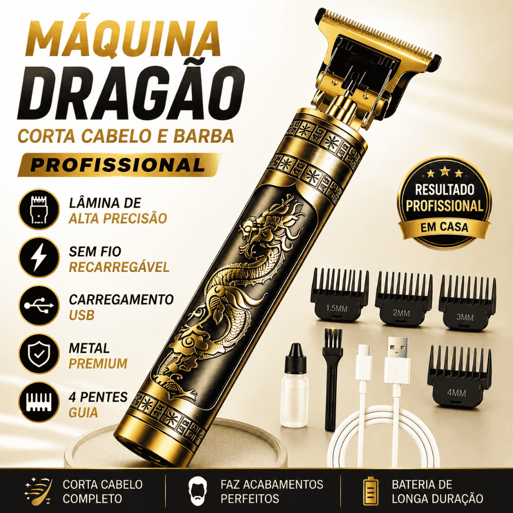 Máquina de Cortar Cabelo e Barba Profissional Dragão Metal Sem Fio Recarregável USB