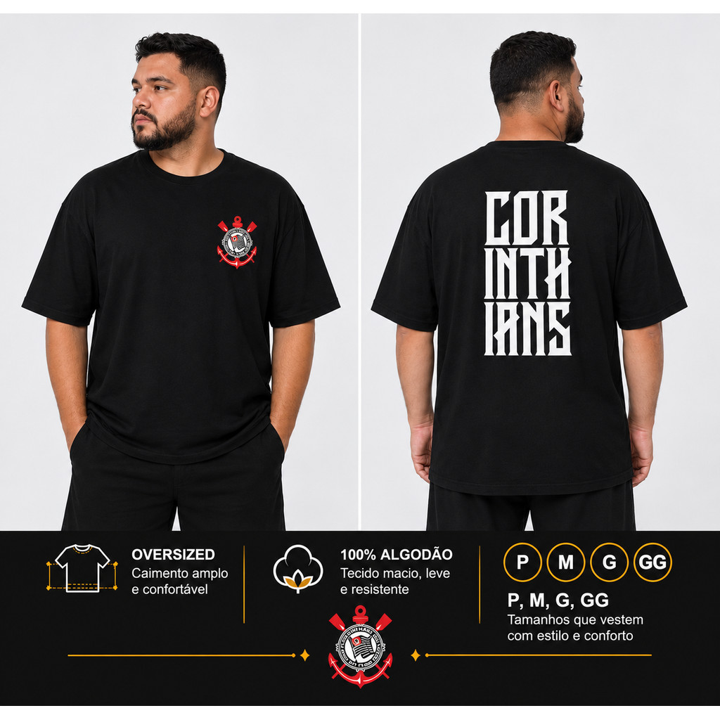 Camiseta Oversized Masculina 100% Algodão Premium Estampa Corinthians Frente e Costas Camiseta Streetwear Confortável