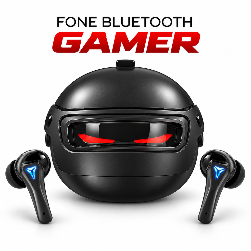 Fone Bluetooth Gamer TWS Estéreo com Estojo Capacete Luz Decorativa e Controle por Toque