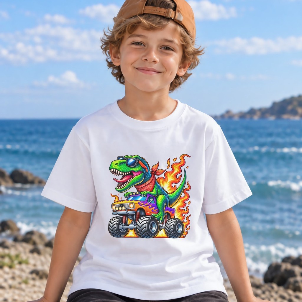 Camiseta Infantil Menino Dinossauro Fogo Monster Truck Estampada Divertida T Rex 100% Algodão Fim de Semana