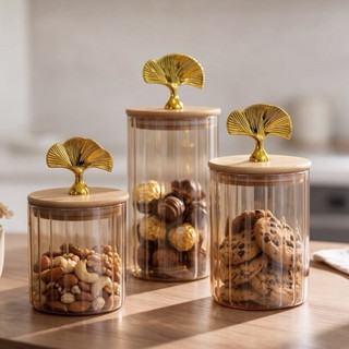 Pote de Vidro Âmbar Premium com Tampa de Bambu e Puxador Dourado – Organizador para Cozinha P M G