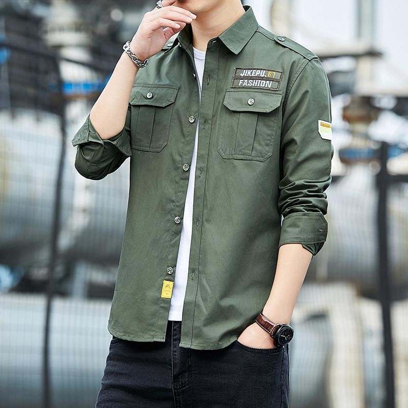 Primavera outono masculino grosso puro algodão cor sólida camuflagem uniforme militar camisa de manga comprida jaqueta M
