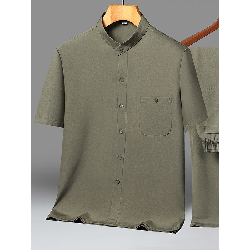 Camisa de manga curta masculina idosa de meia-idade novo estilo terno verão fino Casual pai usar gola alta solta topo