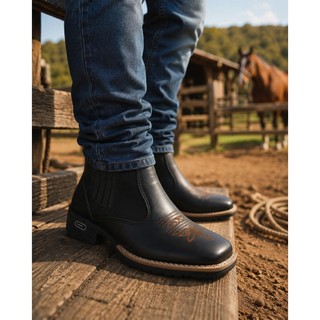 Botina texana cano medio bordada resistente confortavel trabalho roça fazenda sitio