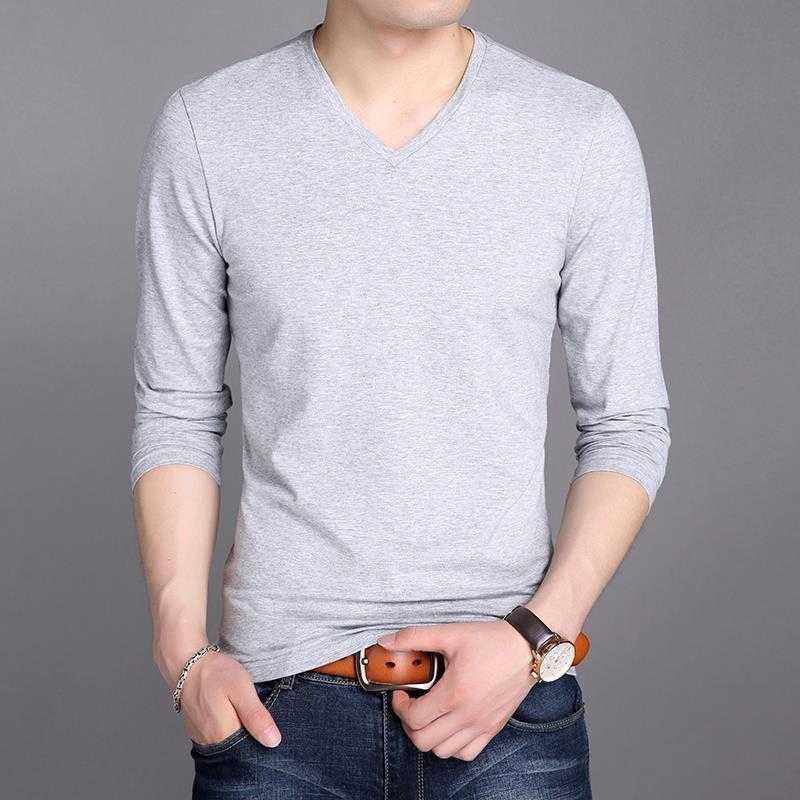 Camiseta masculina de manga comprida de algodão puro primavera outono Ultra-fino com decote em v camiseta sangue roupa i