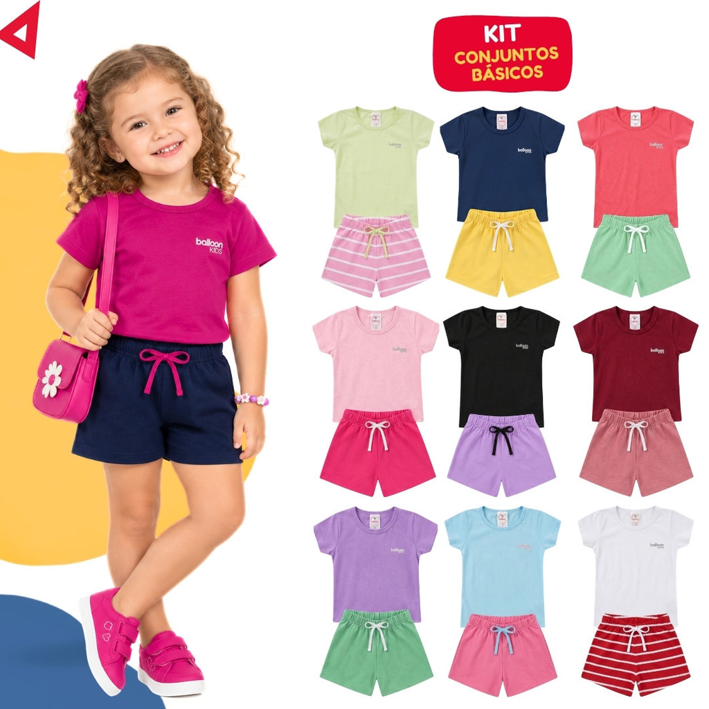 Kit Básico 8 Peças Roupa Infantil Menina Verão Conjunto Liso Feminino Algodão Tamanho 1 ao 14