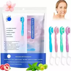 Escova de Dentes de Viagem Descartável 4 em 1 com Pasta em Grânulos e Fio Dental – Kit com 12 Unidades