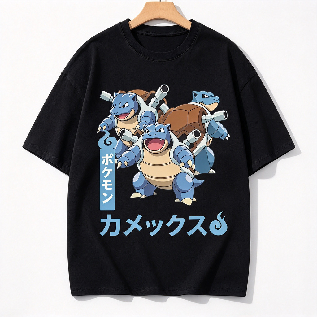 Camiseta Unissex Premium de Algodão Estampa Blastoise Pokemon Anime Preta Casual Para Uso Diário Lazer e Passeio Para