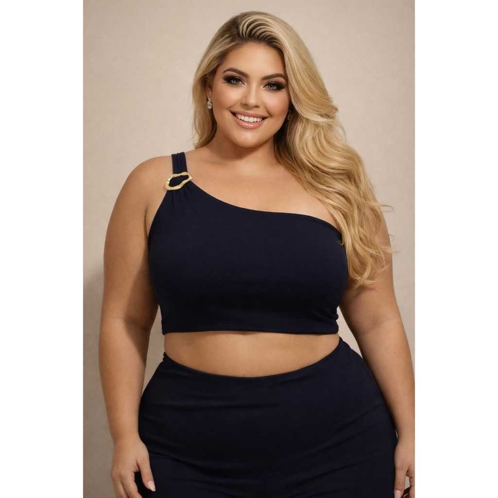 Top Pluz Size Feminino Preto- Um Ombro Só com Fivela dourada - todo forrado - Cropped em Ribana premium