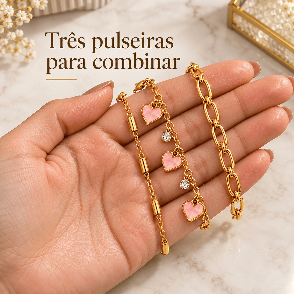 Kit Feminino 5 Peças Relógio Digital LED Dourado Colar Coração e 3 Pulseiras — imagem 2 de 2