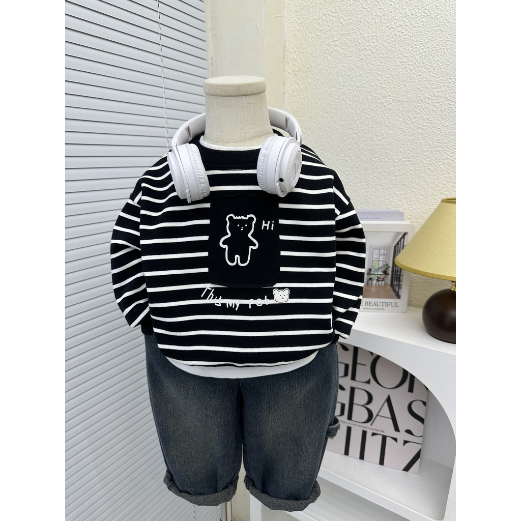 Meninos primavera outono roupas listrado moletom 2025 novo estilo crianças versão coreana solto de manga comprida pulôve