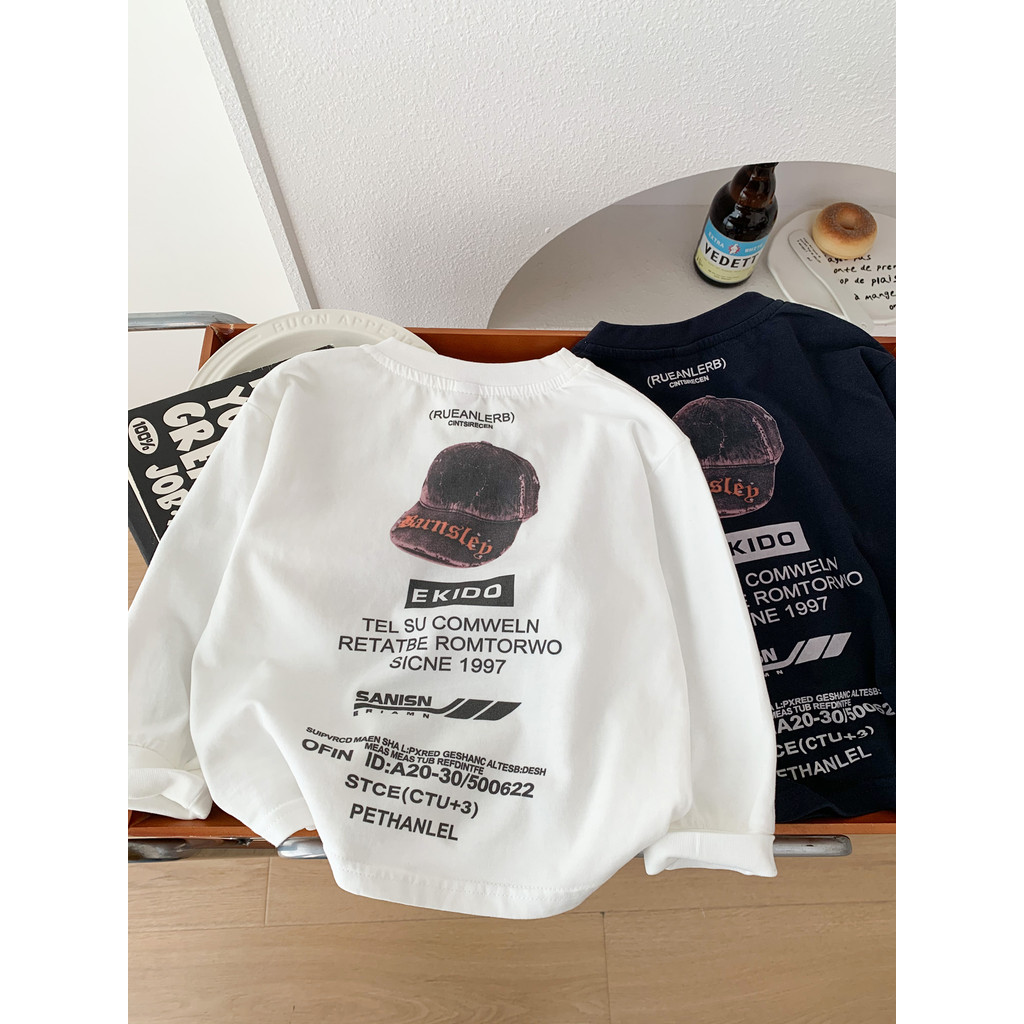 Meninos primavera outono puro algodão de manga comprida camiseta 2026 novo estilo crianças dos desenhos animados branco 