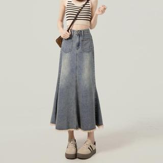 Saia jeans feminina verão estilo fino 2025 novo estilo pequeno a linha cintura alta desgastado saia rabo de peixe