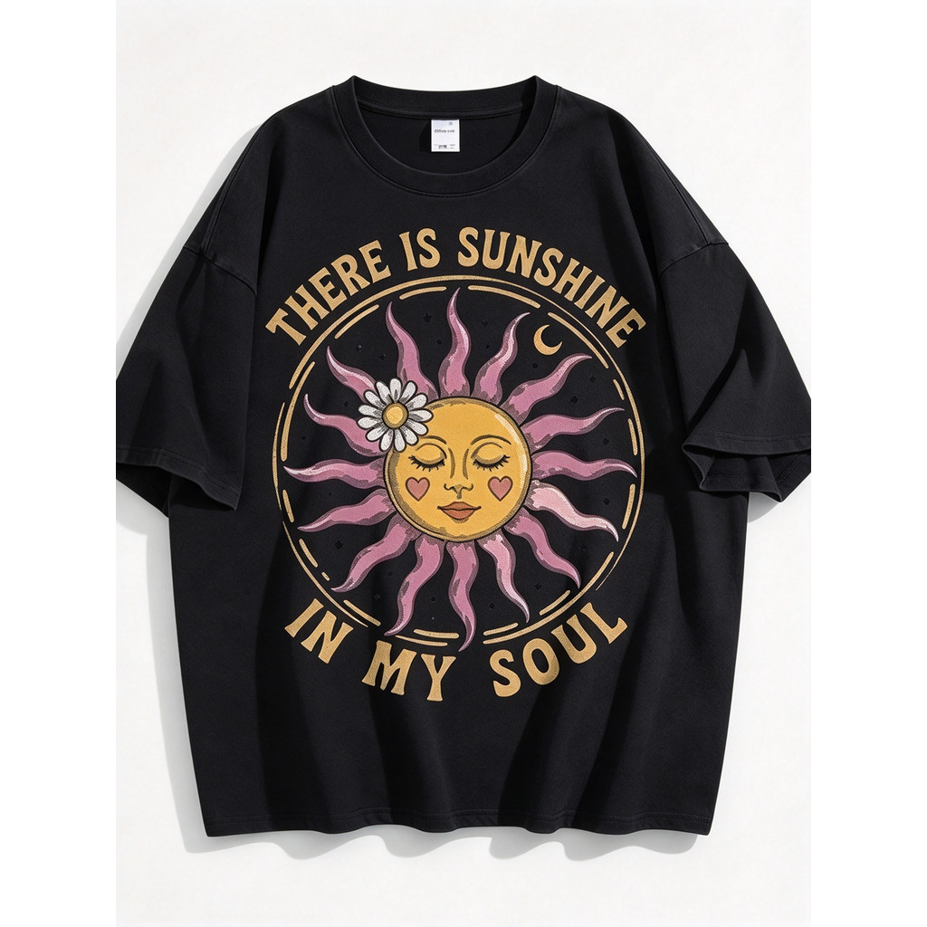 Camiseta Unissex Premium De Algodão Preta Com Estampa Sol Floral Retrô Casual Confortável Para Uso Diário, Passeios E