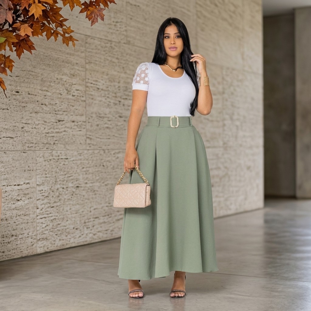 Saia Longa Feminina Midi Rodada Elegante Com Cinto Cintura Alta Moda Evangelica