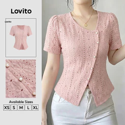 Lovito Camiseta Elegante Assimétrica Jacquard Botão Primavera/verão Rosa para Mulheres TSB201P1D086